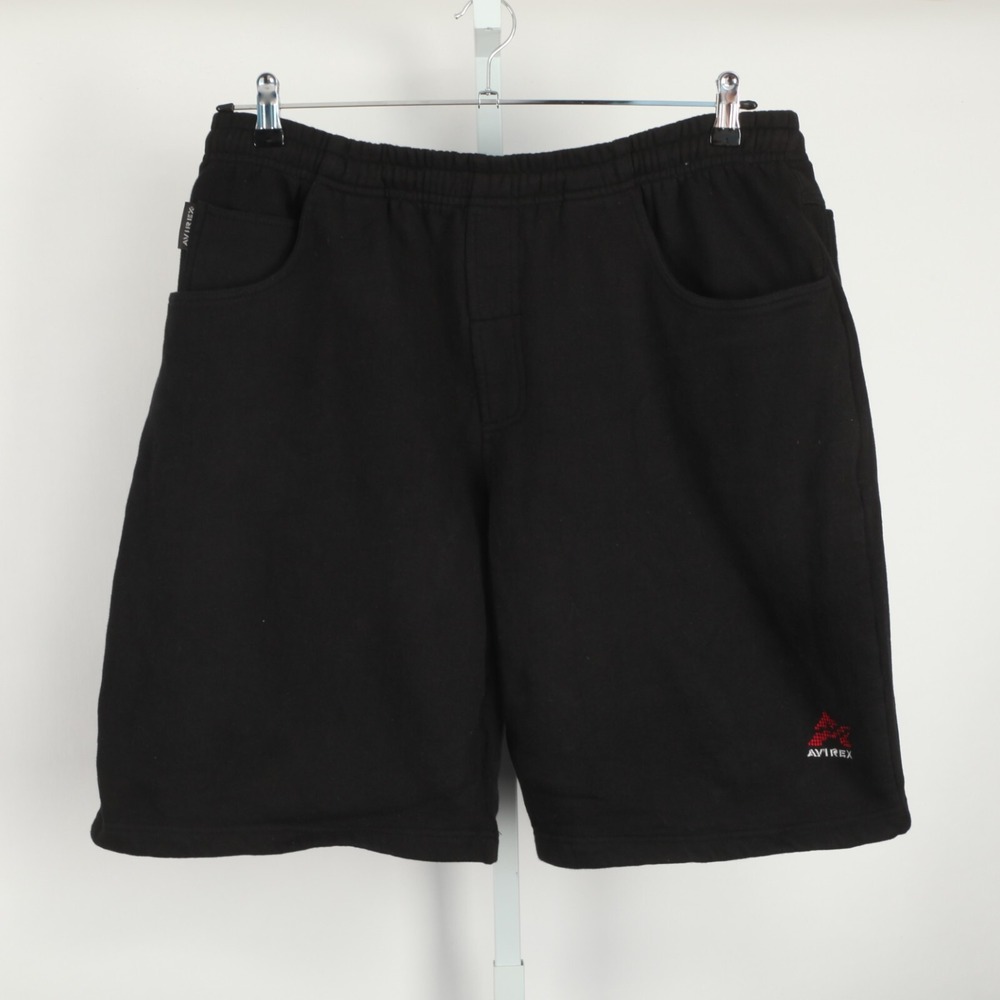 Avirex Fleece Shorts Men XL Black Embroidered Logo Elastic Waist 5-Pocket